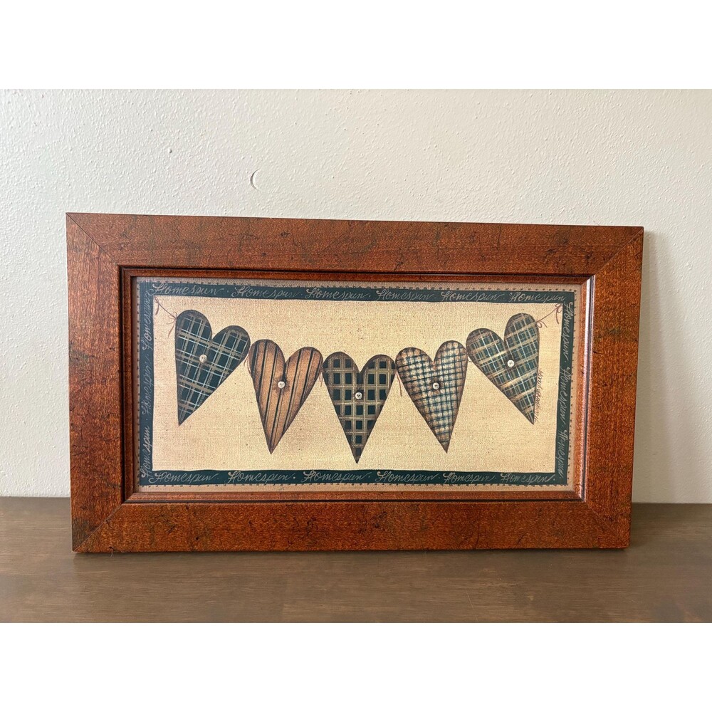 Vintage Mary Beth Baxter Folk Art Framed Print Homespun Heart Strings Artist Sig